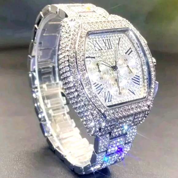 Mens Fully Covered Ice Silverplated Simulated  Diamond Quartz Movement Watch - Picture 8 of 10